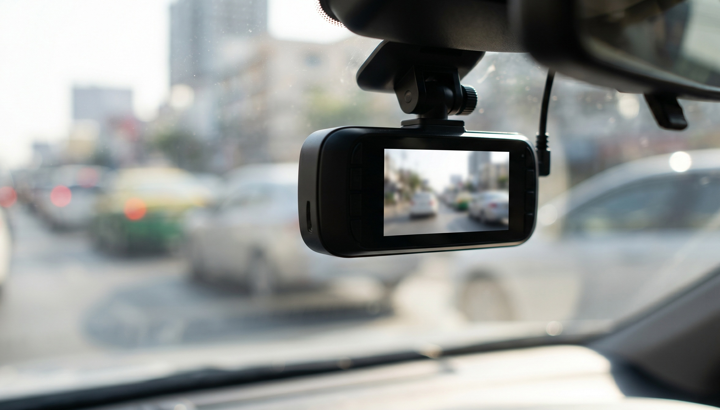 Dashcam installata sul parabrezza che riprende il traffico cittadino